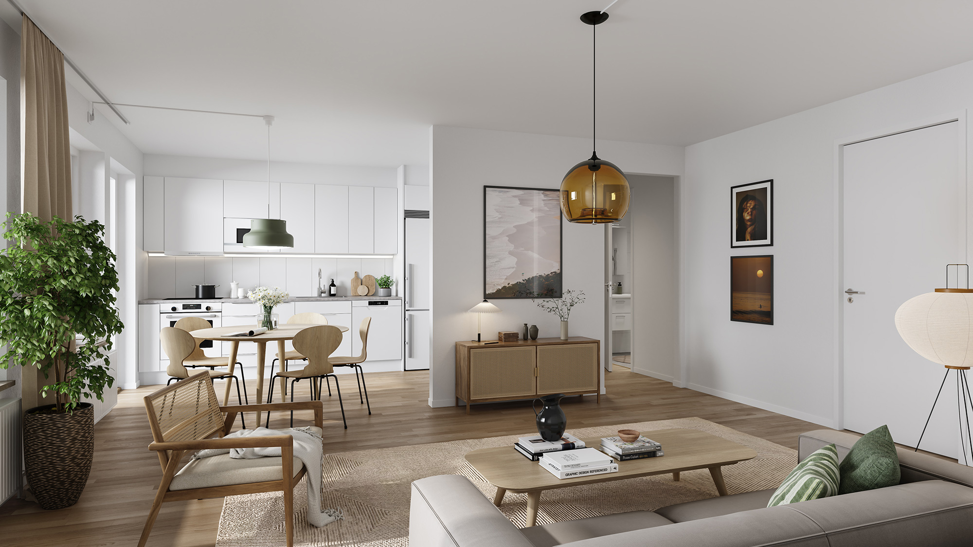 I denna 2 rok i Spina avskiljs köket och vardagsrummet genom en stilig och enkel vägg som gör det enklare att möblera rummet.