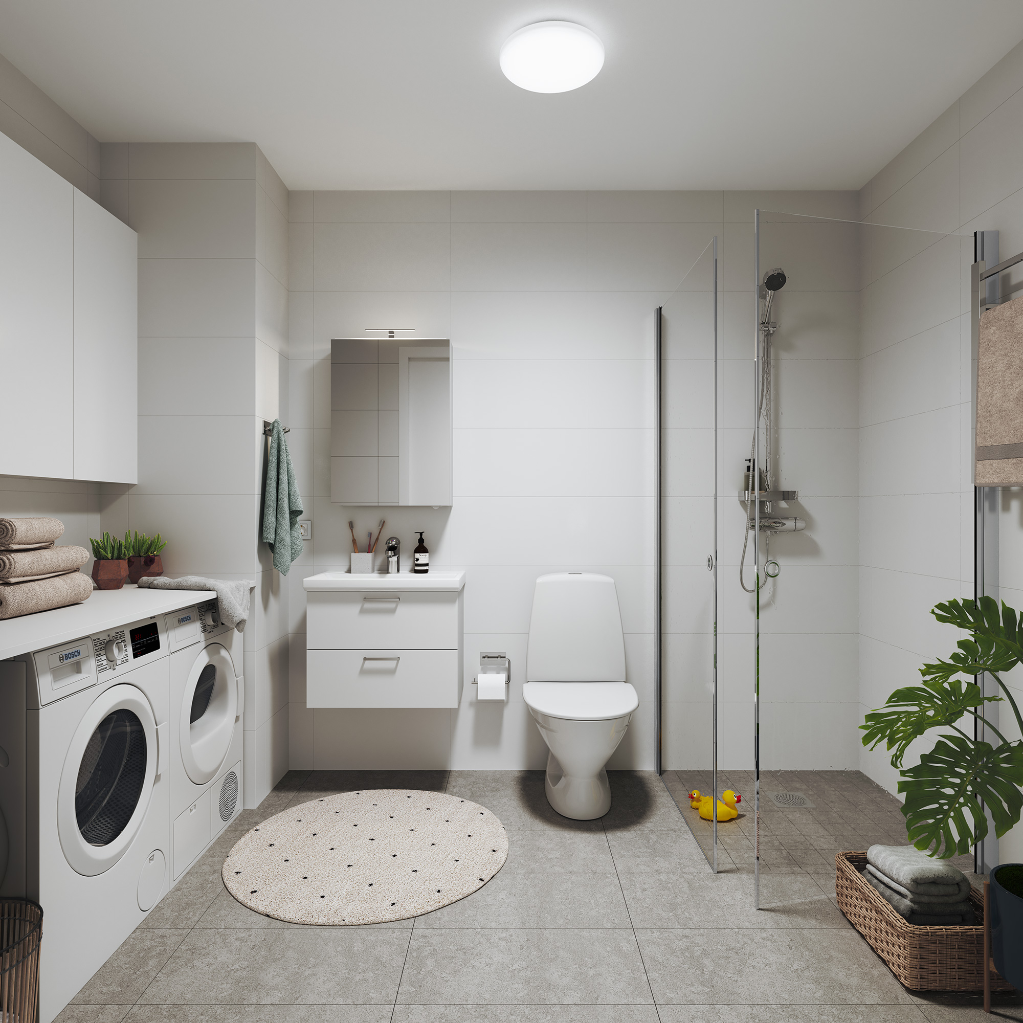 I Spinas större lägenheter är tvättmaskin och torktumlare placerade på golvet med extra skåp ovanför. Här blir morgonrutinen enkel att genomföra.